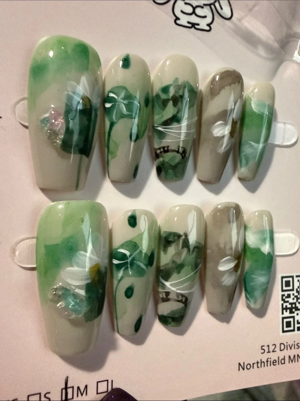 Green Floral Marble Press-On Nail Set